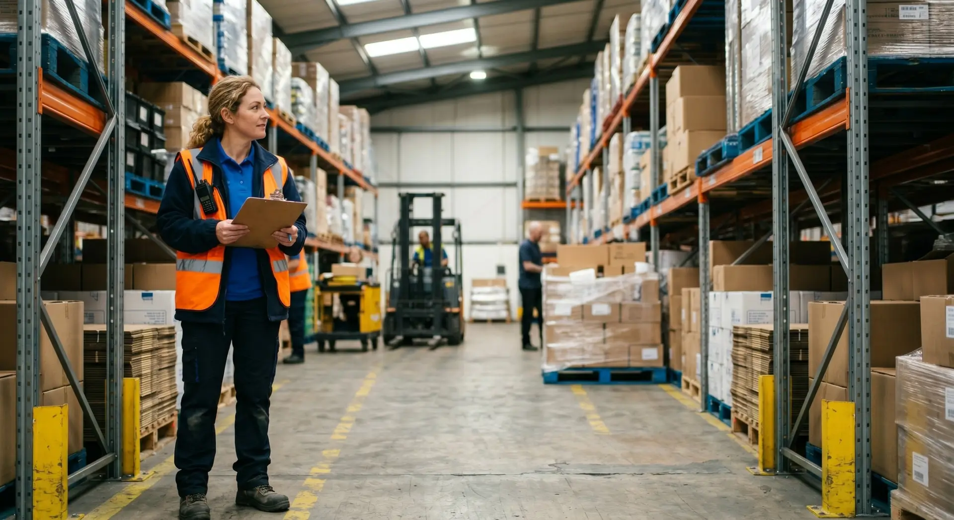 A woman wearing a high-visibility vest holds a clipboard while standing in a warehouse aisle filled with tall shelves of boxes.